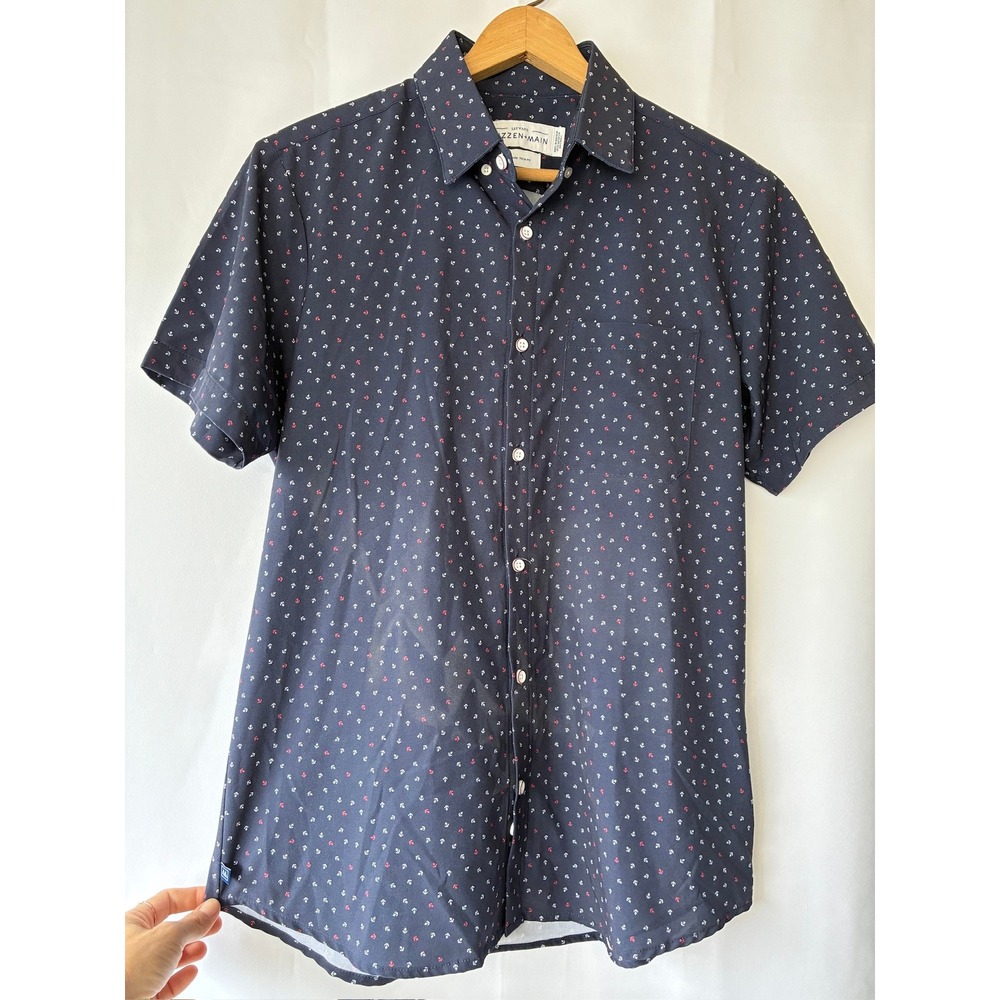 *Flaw* Mizzen+Main Leeward Trim Fit Mens M Navy Anchor Print Performance Shirt